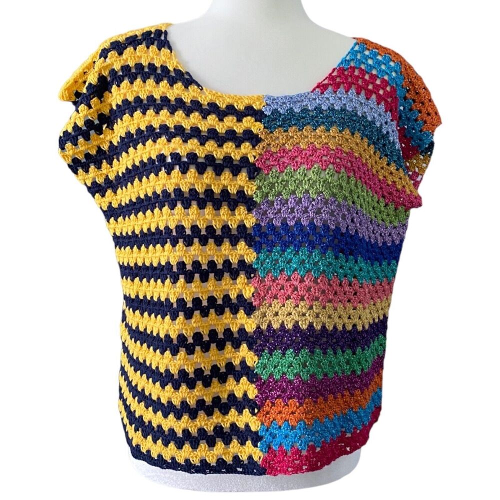 Rose Carmine Womens Crochet Sweater Short Sleeve Top Metallic Rainbow Size 1